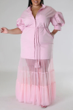 Vestido largo con cuello camisero de retales lisos informal rosa Vestidos de talla grande