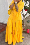 Amarelo casual sólido bandagem patchwork fivela turndown colarinho vestidos plus size