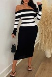 White Casual Patchwork Contrast Off the Shoulder Long Sleeve Dresses