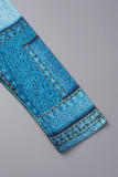 Stampa casual blu con spacco patchwork scavato mezzo dolcevita manica lunga due pezzi