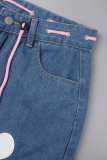 Blå Casual Letter Print Basic Mid Waist Vanliga jeans