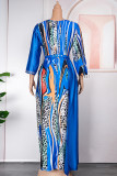 ブルーのエレガントなプリント パッチワーク ベルト付き V ネック プリント ドレス プラス サイズ ドレス
