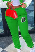 Pantalon décontracté vert en patchwork de lettres, slim, taille basse, positionnement conventionnel, imprimé
