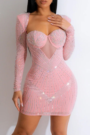 Pink Sexy Patchwork Hot Drilling Backless Square Collar Long Sleeve Dresses