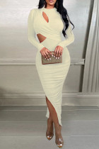 Apricot Sexy Casual Solid Hollowed Out Slit O Neck Long Sleeve Dresses