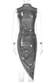 ダークグレーのエレガントなソリッドパッチワーク高開口部マンダリンカラーシースドレス