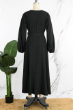 Черные повседневные однотонные платья с V-образным вырезом и длинными рукавами с разрезом уздечки