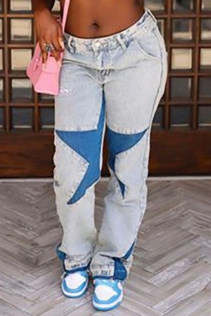 Light Blue Casual Star Print High Waist Distressed Denim Jeans