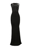 Черное сексуальное официальное лоскутное платье с горячим бурением и длинными рукавами с круглым вырезом