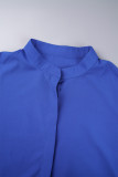 Azul Casual Sólido Patchwork Camisa Gola Vestido Longo Plus Size Vestidos