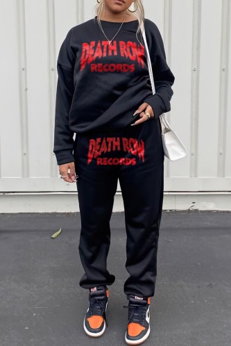 Black Casual Letter Print Basic O Neck Long Sleeve Two Pieces