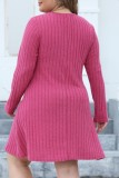 Rosarotes, lässiges, einfarbiges Patchwork-Kleid mit V-Ausschnitt und langen Ärmeln in Übergröße (ohne Gürtel)