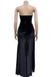 Черное сексуальное вечернее платье в стиле пэчворк с блестками и разрезом на спине без бретелек.