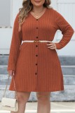 Yellow Casual Solid Patchwork V Neck Long Sleeve Plus Size Dresses (Without Belt)