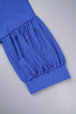 Blaues, lässiges, solides Patchwork-Hemdkragen-langes Kleid in Übergröße
