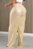 Goldfarbene, lässige, einfarbige, schlichte, normale Hose mit hoher Taille