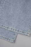 Blue Casual Solid Patchwork High Waist Regular Cargo Denim Jeans