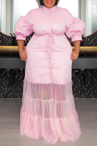 Розовое повседневное однотонное лоскутное длинное платье с воротником-рубашкой Платья больших размеров