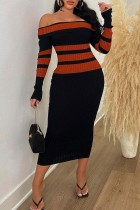 Oranjerood Casual patchwork Contrast-off-shoulder jurken met lange mouwen