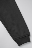 Black Casual Basis Print Draw String Hooded Collar Tops