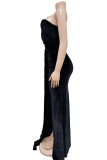 ブラック セクシー フォーマル パッチワーク スパンコール バックレス スリット ストラップレス イブニング ドレス ドレス