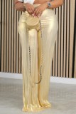 Gold Casual Solid Basic Regular High Waist Conventional Solid Color Trousers