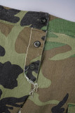 Verde casual camuflagem impressão acessórios de metal decoração fenda turndown colarinho manga longa duas peças
