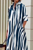 Blauwe casual print patchwork gesp overhemdkraag rechte jurken