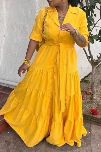 Yellow Casual Solid Bandage Patchwork Buckle Turndown Collar A Line Plus Size Dresses