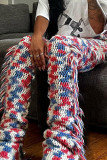 Pantaloni patchwork dritti regolari a vita media con patchwork di nappe a blocchi di colore casual rossi