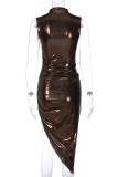 Black Elegant Solid Patchwork High Opening Mandarin Collar Sheath Dresses