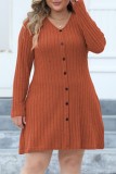 ブラウン カジュアル ソリッド パッチワーク V ネック 長袖 プラス サイズ ドレス (ベルトなし)