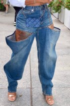 Azul celeste casual sólido vazado cintura alta jeans regular