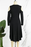Черные повседневные однотонные платья с уздечкой и V-образным вырезом и длинными рукавами