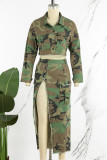 Vert décontracté imprimé Camouflage, accessoires en métal, décoration, col rabattu fendu, manches longues, deux pièces