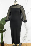 Черные повседневные однотонные лоскутные прозрачные платья с воротником до половины и длинными рукавами больших размеров