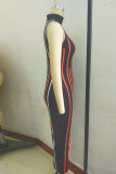 Schwarzes, lässiges, ärmelloses Kleid mit Streifendruck, Patchwork und Reißverschlusskragen