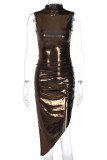 Brownness Elegant Solid Patchwork High Opening Mandarin Collar Sheath Dresses