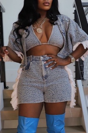 Light Blue Casual Patchwork Tassel Half Sleeve Three Piece Set (Subject To The Actual Object)