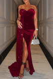 Red Sexy Formal Patchwork Sequins Backless Slit Strapless Evening Dress Dresses