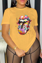 Yellow Daily Lips Printed Patchwork O Neck T-Shirts