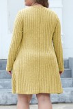 Braune, lässige, solide Patchwork-Kleider mit V-Ausschnitt und langen Ärmeln in Übergröße (ohne Gürtel)