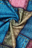 Bleu décontracté imprimé évidé patchwork fente demi-col roulé manches longues deux pièces