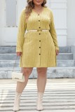 Gelb Lässiges, einfarbiges Patchwork-Kleid mit V-Ausschnitt und langen Ärmeln in Übergröße (ohne Gürtel)