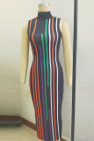 Black Casual Striped Print Patchwork Zipper Collar Sleeveless Dress Dresses