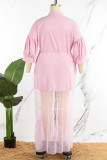 Robe longue décontractée rose unie en patchwork, col chemise, robes de grande taille