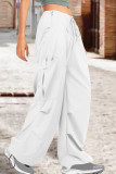 White Street Solid Patchwork Draw String Pocket Straight High Waist Straight Solid Color Bottoms