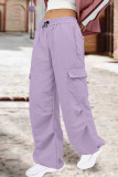 Rosa rua sólida retalhos draw string bolso em linha reta cintura baixa reta cor sólida bottoms