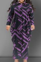 Purple Casual Print Patchwork Buckle Turndown Collar Plus Size Two Pieces