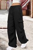 Черный Уличный однотонный пэчворк с карманами на шнурке Прямые однотонные брюки с заниженной талией